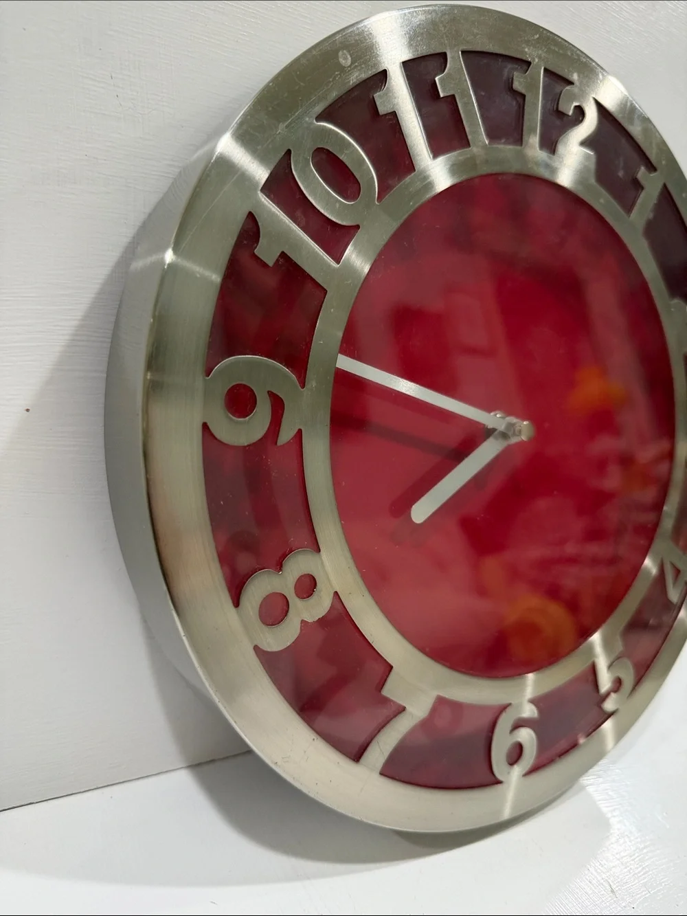 Contemporary Red Wall Clock 11” in Diameter with Brushed Silver Numeral Frame